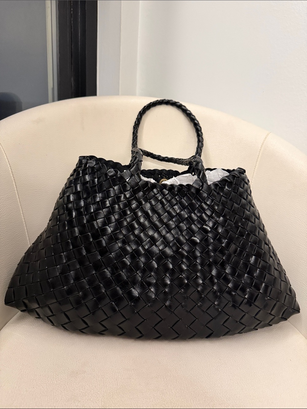 Handwoven Black Leather Tote Bag